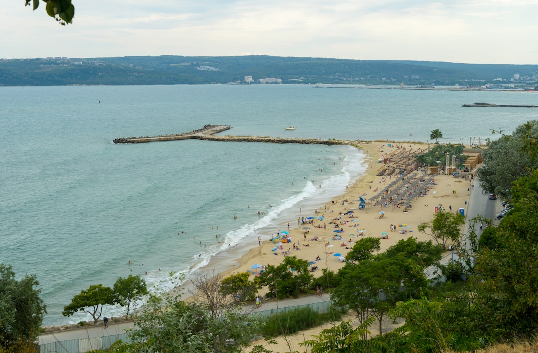 A beautiful beach is full of people.