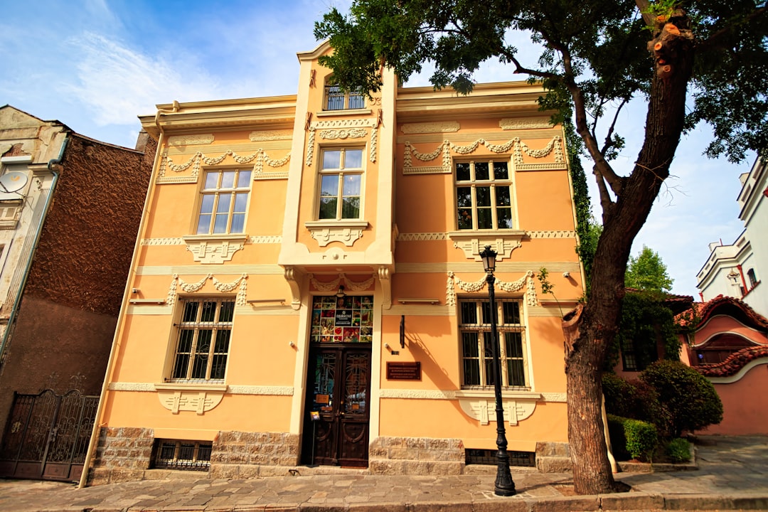 a yellow building with a tree in front of it