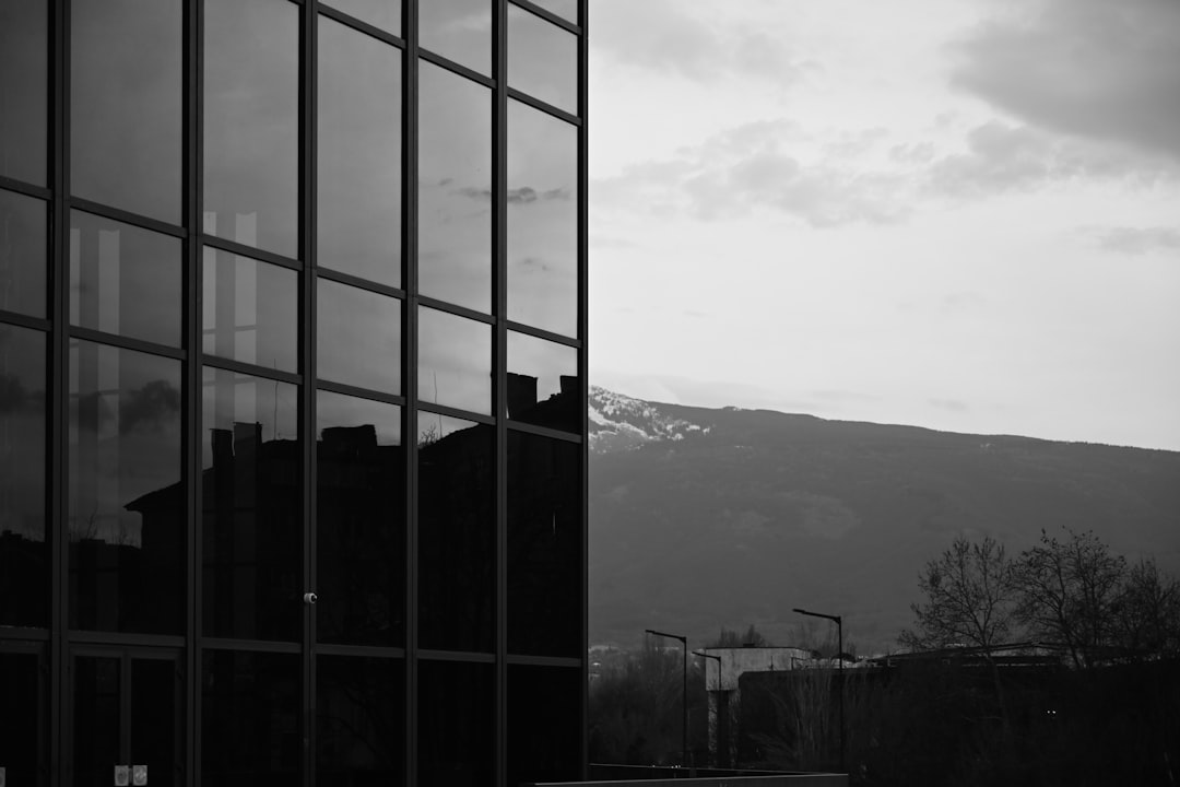 a black and white photo of a building with a mountain in the background